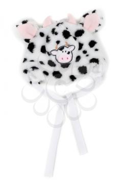 Children's winter hat pattern muzzle cow. Isolate on white.