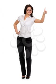 Brunette businesswoman touching virtual pad transparent key with finger