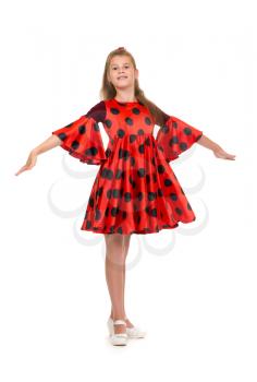 11 year old girl in red concert dress, isolate on white