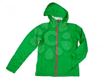 Green quilted jacket with hood. Isolated on white background