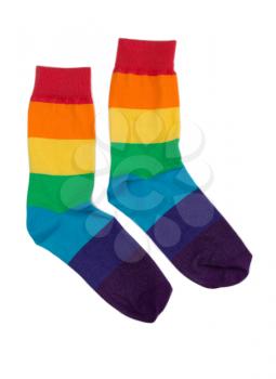 Couple of cheerful colored striped socks. Isolate on white.