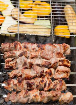 Delicious skewers of meat and vegetables on the grill