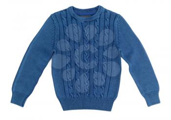 Blue warm knitted sweater with a pattern. Isolate on white.