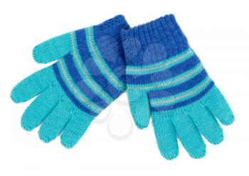 Pair of blue striped knitted Gloves are. Isolate on white.