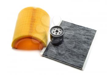 Car filters set. Motor filter, cabin filter and oil filter. Isolate