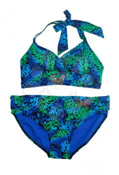 Female swimsuit with an exotic blue with a green pattern and a brooch in the shape of a butterfly. Isolate on white.