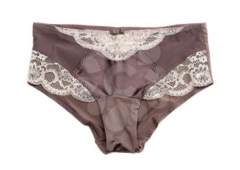 Brown satin panties with lace. Isolate on white.