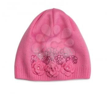 Pink winter hat with knitted pattern and crystals. Isolate on white.