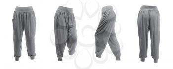 Collage of four gray sweat pants in different poses. Studio, isolate on white.