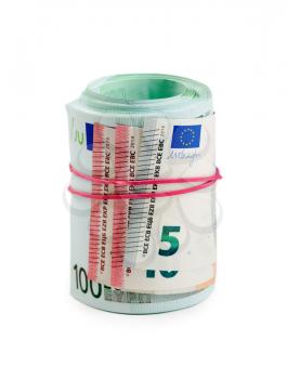 Euro banknotes in rolls isolate on white