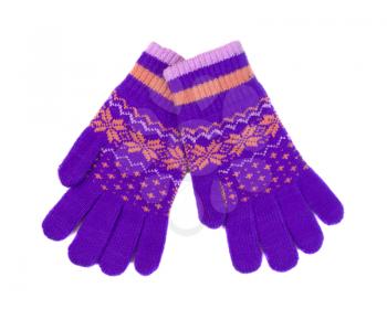 Violet-orange gloves with winter pattern, pair. Isolate on white.