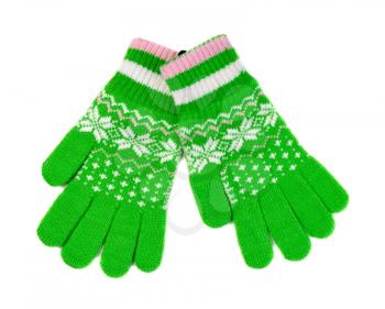 Green gloves with winter pattern, pair. Isolate on white.