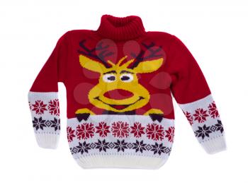 Red knitted sweater with a deer. Isolate on white.