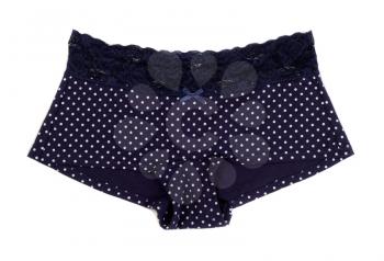 Dark-blue women's panties in lace with polka dots. Isolate on white.