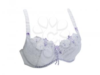 White with blue patterned lace bra. Isolate on white.