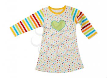 Striped baby dress with a pattern of hearts. Isolate on white.
