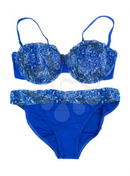 Blue swimsuit with a pattern. Isolate on white.