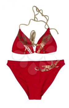 red swimsuit with a gold pattern. Isolate on white background.