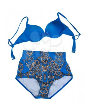 Trendy blue swimsuit with a pattern. Isolate on white background.