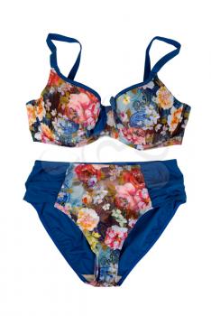Blue swimsuit with floral pattern. Isolate on white background.