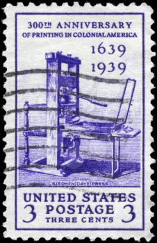 Royalty Free Photo of a 1939 US Stamp of the Stephen Daye Rotary Press, Printing Tercentenary Issue