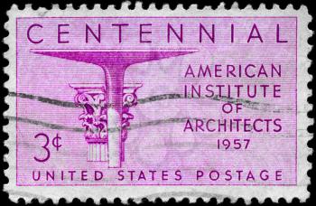 Royalty Free Photo of 1957 US Stamp Shows the Corinthian Capital and Mushroom Type Head and Shaft, Architects