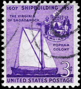 Royalty Free Photo of 1957 US Stamp Shows the Sailer Virginia of Sagadahock and Seal of Maine, 350th anniversary of Shipbuilding in America