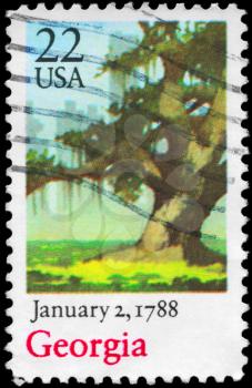 Royalty Free Photo of 1988 US Stamp Shows Oak Tree, Georgia, Ratification of the Constitution