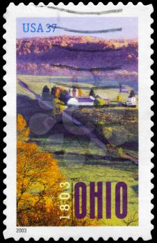 Royalty Free Photo of 2003 US Stamp Shows Aerial View of Farm near Marietta, Ohio Statehood Bicentennial