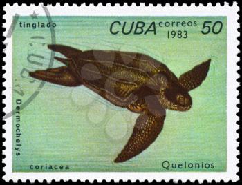 CUBA - CIRCA 1983: A Stamp printed in CUBA shows the image of a Leatherback Turtle with the description Dermochelys coriacea from the series Turtles, circa 1983