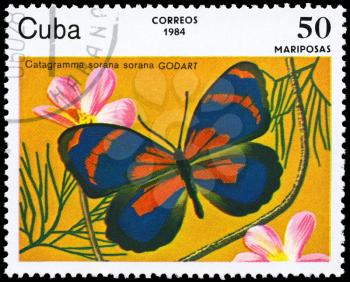CUBA - CIRCA 1984: A Stamp printed in CUBA shows image of a Butterfly with the description Catagramma sorana, series, circa 1984