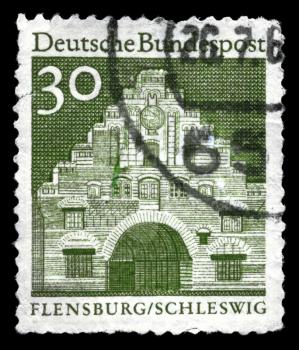 GERMANY - CIRCA 1965: A Stamp printed in GERMANY shows the Nordertor, Flensburg, from the series Designs, circa 1965