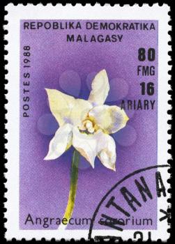 MALAGASY REPUBLIC - CIRCA 1988: A Stamp printed in MALAGASY REPUBLIC shows image of a Angraecum sororium, from the series Orchids, circa 1988