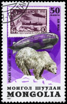 MONGOLIA - CIRCA 1981: A Stamp printed in MONGOLIA shows the image of the Graf Zeppelin & Polar Bear from the series Polar Flight 1931-1981, circa 1981