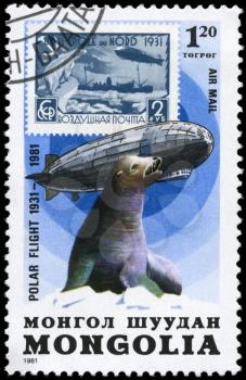 MONGOLIA - CIRCA 1981: A Stamp printed in MONGOLIA shows the image of the Graf Zeppelin & Seal from the series Polar Flight 1931-1981, circa 1981