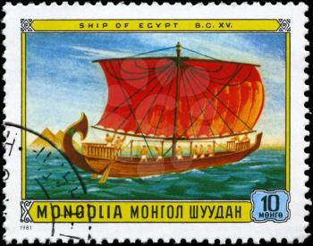 MONGOLIA - CIRCA 1981: A Stamp printed in MONGOLIA shows the Ship of Egypt, 15th cent. BC, from the series Sailing ships, circa 1981