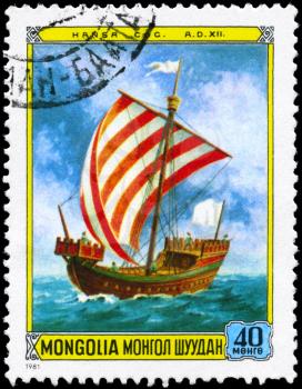 MONGOLIA - CIRCA 1981: A Stamp printed in MONGOLIA shows the Ship with the name Hansa Cog, 12th cent. from the series Sailing ships, circa 1981