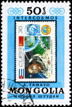 MONGOLIA - CIRCA 1981: A Stamp printed in MONGOLIA devoted to the first Cuban cosmonaut A.Tamayo, from the series Intercosmos, circa 1981
