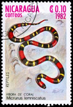 NICARAGUA - CIRCA 1982: A Stamp printed in NICARAGUA shows the image of a Coral Snake with the description Micrurus lemniscatus from the series Reptiles, circa 1982