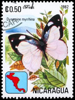 NICARAGUA - CIRCA 1982: A Stamp printed in NICARAGUA shows image of a Butterfly with the description Dynamine myrrhina, series, circa 1982