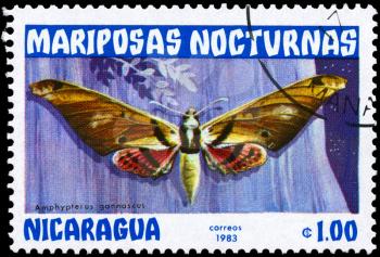 NICARAGUA - CIRCA 1983: A Stamp printed in NICARAGUA shows image of a Moth with the inscription Amphypterus gannascus from the series Nocturnal Moths, circa 1983