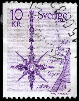 SWEDEN - CIRCA 1978: A Stamp printed in SWEDEN shows the North Arrow (Compass Rose), Map, circa 1978