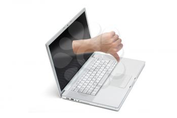 Royalty Free Photo of a Person Giving a Thumbs Down in a Laptop