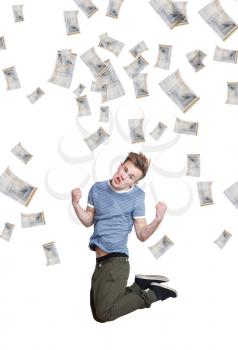 A guy jumping with joy because of money rain