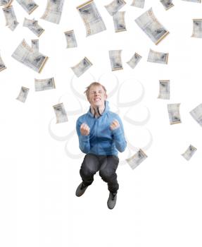A guy jumping with joy because of money rain
