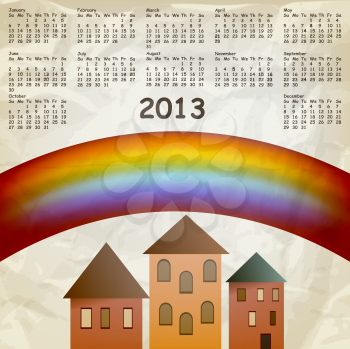 Royalty Free Clipart Image of Calendar with Houses and a Rainbow