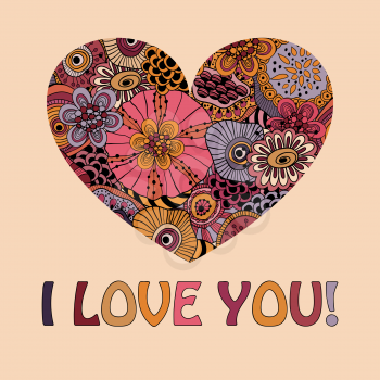 Royalty Free Clipart Image of an I Love You Background With a Floral Heart