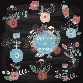 Vector Chalk Drawn Spring Floral Design Elements