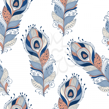 Vector Seamless Pattern with Doodle Feathers