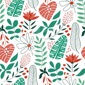 Vector Seamless Tropical Tough  Pattern with Flowers and Palm Leaves.